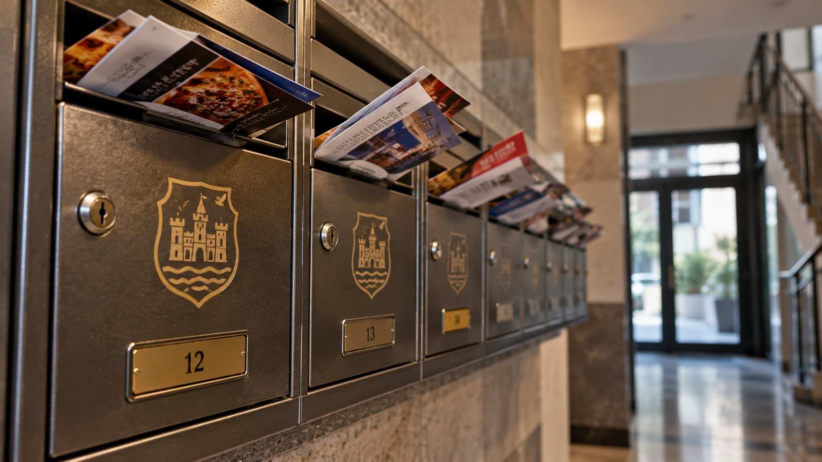 Poštanski sandučići sa reklamnim flajerima i ukrasnim grbom nalik grbu Novog Sada u ulazu stambene zgrade.
