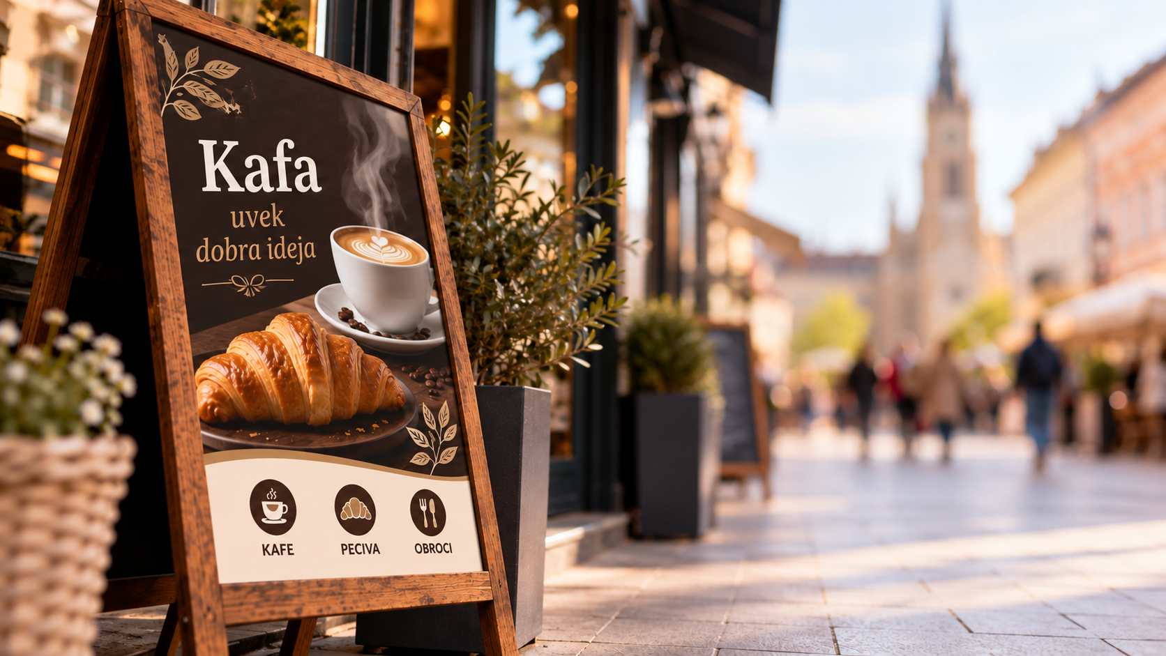 Štampana reklamna tabla sa ponudom kafe i peciva ispred lokala u pešačkoj zoni.