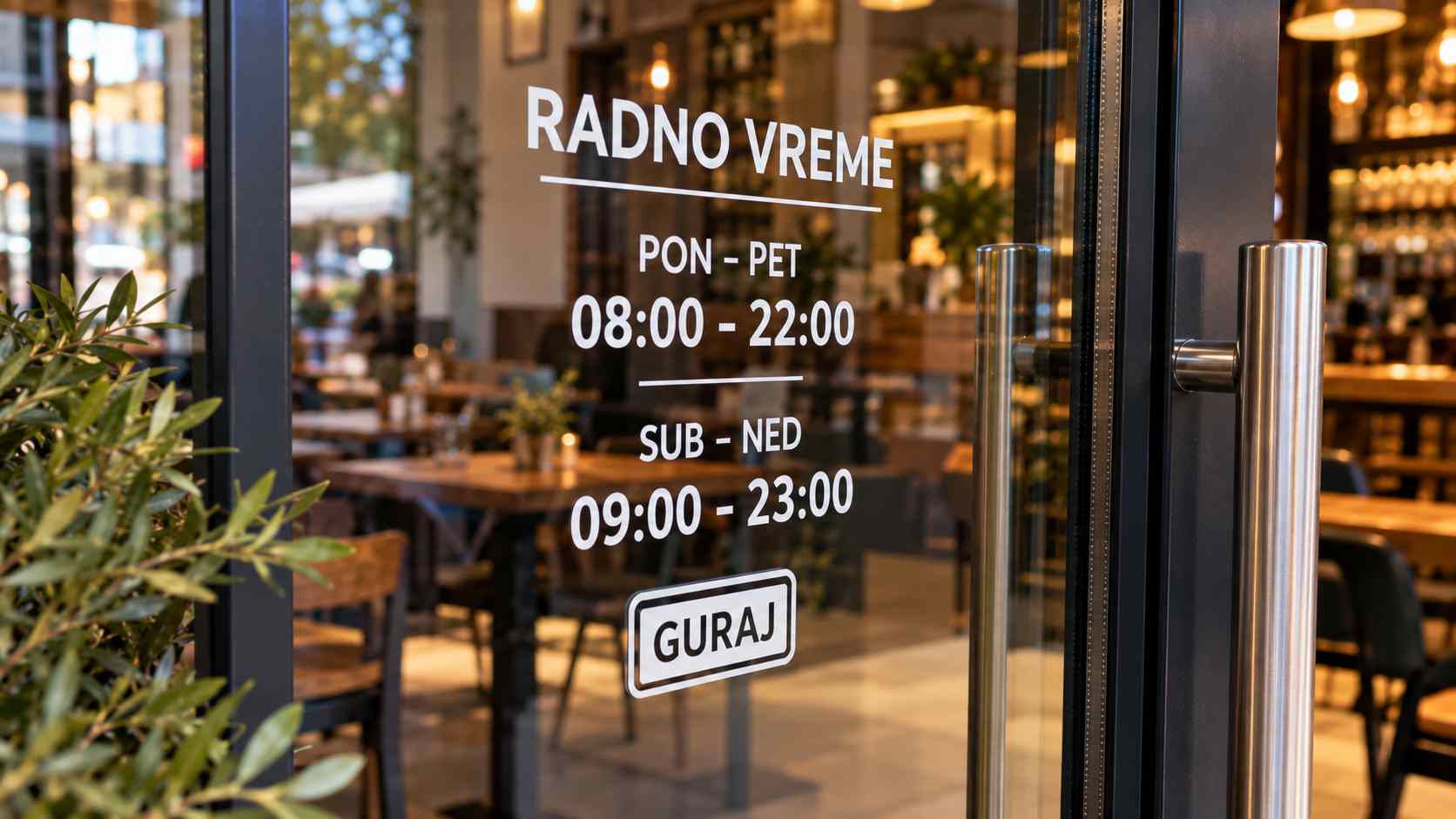 Staklena vrata lokala sa nalepnicom radnog vremena i oznakom „Guraj“ ispod nje.